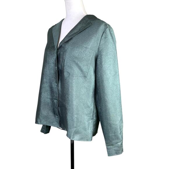 JUST Female Mae Shirt Jade Green Shiny Texture Button Up Long Sleeve Blouse - Picture 4 of 15